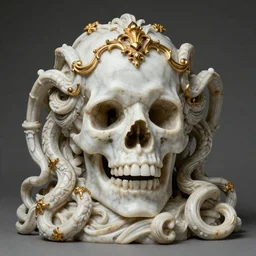Baroque intricately detailed marble cthulhu skull sculpture, with rococo gold details, sculpted by Bernini