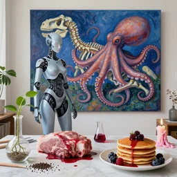 female android in her apartment, surgical equipment, giant octopus, dinosaur bones, raw pork, berry juice drips, pancakes, berries, peppercorns scientific glassware with plant roots, art supplies, candles dripping wax, neo - impressionist surrealism, acrylic and spray paint and oilstick on canvas