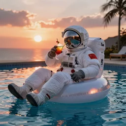 astronaut sitting in an inflatable ring in middle of a swimming pool, drinking a colored cocktail, during sunset