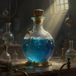 a steampunk painting of a medival aqua colored potion bottle, lit by a single ray of sunlight in a dark dusty vintage science lab, by h. r. giger, hyperrealistic fantasy art, concept matte, ethereal, dreamy, digital art, trending on artstation, volumetric cinematic lighting