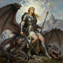 A beautiful oil painting of a viking woman posing over a slain dragon, by Lucas Graciano, Frank Frazetta, Greg Rutkowski, Boris Vallejo, epic fantasy character art, goddess of war, fantasy armor, Exquisite detail, post-processing, low angle, masterpiece, cinematic