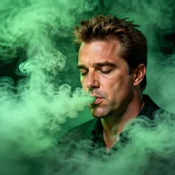 guy fieri surrounded by green smoke, green clouds, sniffing, inhaling green smoke through nose, portrait by greg hildebrandt, studio lighting, by terry richardson, by frank frazetta, extreme detail, reflections, trending on artstation, 8 k