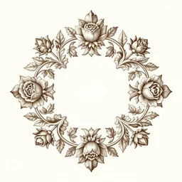 beautiful decorative ornament with classical floral elements emanating from center of design, decorative design, classical ornament, motif, bilateral symmetry, roses, leaves, flowers, buds, flowering buds, negative space, highly detailed etching, wlop