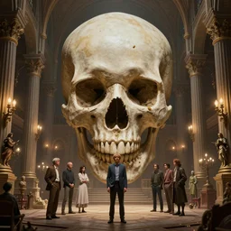 highly detailed surreal vfx portrait of a skull in a great hall, stephen bliss, unreal engine, greg rutkowski, loish, rhads, beeple, makoto shinkai and lois van baarle, ilya kuvshinov, rossdraws, tom bagshaw, alphonse mucha, global illumination, detailed and intricate environment