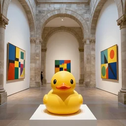 one photorealistic rubber duck in foreground on a pedestal in an art gallery, the walls are covered with colorful geometric wall paintings in the style of sol lewitt, tall arched stone doorways.