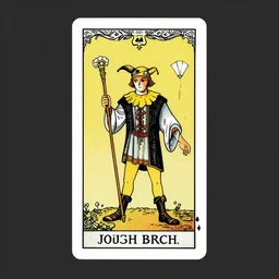 an occult tarot card, the fool who is a madman holding a staff and a white flower, clever design, ornate modern graphic design border, minimal, flat colors, playing card, by hannah hoch and jesse treece and christian jackson and josh brill