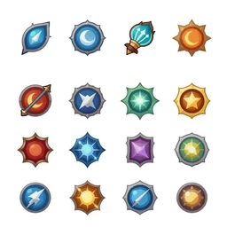 sprite sheet flat design icons depicting different fantasy skill levels, neatly arranged in rows, white background