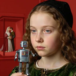 medieval jan van eyck closeup face portrait of a tin toy young girl with a tin toy robot marriage portrait, nicoletta ceccoli, mark ryden, lostfish, max fleischer, depth of field, detailed and intricate red square environment, 8 k resolution, hyperrealistic, octane render