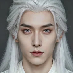 portrait of 4 0 - year - old man with long white hair with a pale complexion, pointed face and grey eyes, hyper realistic face, beautiful eyes, fantasy art, in the style of greg rutkowski, intricate, alphonse mucha, hyper detailed, smooth