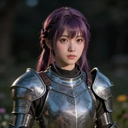 real photograph of a hyperrealistic ultradetailed anime girl dressed in steel plate armor, cute, physically textured, photoreal skin pores, at night time, ray traced, shadow mapping, made by wlop, trending on artstation, dyed hair, rendered, lifelike human, k - pop person, cottagecore, unreal engine 5, extremely immersive, sharp focus