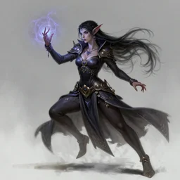 Female Dark Elf casting a spell in a dynamic pose, D&D, fantasy, intricate, elegant, highly detailed, digital painting, artstation, concept art, matte, sharp focus, illustration, Arcane, art by Artgerm and Greg Rutkowski and Alphonse Mucha