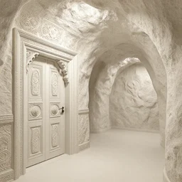 subterranean hallway with a door to the left, architectural masterpiece, detailed intricate carved ivory interior malachite dungeon palace, greg rutkowski, alena aenami, artstation, radiant lighting, gilding