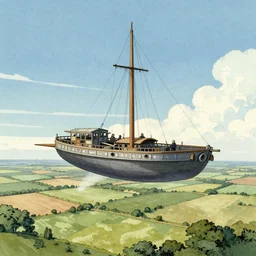 Sky ship from the Edge Chronicles flying over the English countryside. Illustration by Chris Riddell