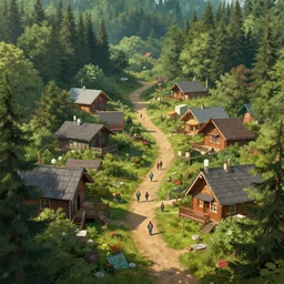 a cabin town surrounded by forest, artstation, people, path, detailed, 4 k