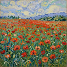 detailed expressionist oil painting by van gogh of a poppy field in winter, falling snow on red poppies, 8 k resolution, smooth, sharp focus, matte painting