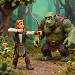 Claymation of two subjects, Legolas with an archery-bow aiming at an orc, in picturesque forest diorama