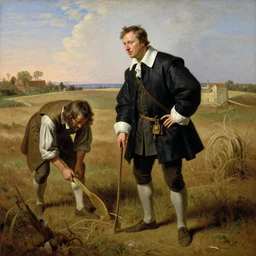 david cameron as a 1 7 th century peasant workingin the fields, painting, restored, 1 7 th century art, very detailed painting