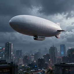 A photorealistic 3D render of a zeppelin flying over a cyberpunk city on a cloudy night, octane render, surreal digital art