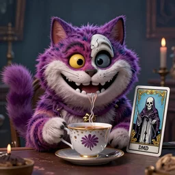 Cheshire Cat having tea, Death Tarot card,highly detailed,half skull face,cinematic,8k,by Stanley Artgermm,Tom Bagshaw,Greg Rutkowski,Carne Griffiths, Ayami Kojima, Beksinski, Giger,trending on DeviantArt,hyper detailed,horror, full of colour