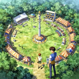 greg manchess concept art of the millennial fair from chrono trigger, outdoor fairgrounds, grass, trees, colorful striped pavillions, key visual, ambient lighting, highly detailed, digital painting, artstation, concept art, sharp focus, by makoto shinkai and akihiko yoshida and hidari and wlop and greg rutkowski