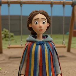 a closeup portrait of a woman wearing a cloak made of ribbons, staring at an empty swing playground, claymation, movie still from the adventures of mark twain movie,