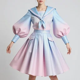 designer figure collection ball shaped accordion sleeve haute couture, sailor uniform, midi skirt, coat pleats, synthetic curves striking pose, dynamic folds, cute pockets, volume flutter, youthful, modeled by modern designer bust, body fit, award fashion, picton blue, petal pink gradient scheme, light holographic tones, expert composition, professional retouch, editorial photography