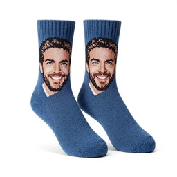 knit socks with jon travolta's face, product photo