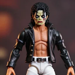 stoic michael jackson zombie by neca!!! pretty! beautiful! shirtless muscular white pants black sequined jacket very detailed realistic action figure by neca. face very close up shot headshot. in the style of tekken 5, character from mortal kombat, film still, bokehs