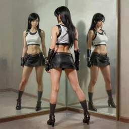 tifa lockhart full body mirror reflection, highly detailed painting by gaston bussiere, craig mullins, j. c. leyendecker 8 k