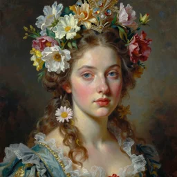 surreal gouache paintingby conrad roset, female head with flowers growing out, portrait, cgsociety, artstation, rococo dreamycostume and grand headpiece,