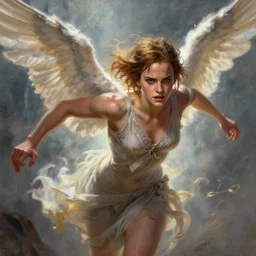 angel, perfectly-centered-painting of young Emma Watson as lilu from the fifth element, sweaty, dynamic action pose, insane, intricate, highly detailed, digital painting, artstation, concept art, smooth, sharp focus, illustration, Unreal Engine 5, 8K, art by artgerm and greg rutkowski and alphonse mucha