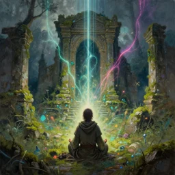 a wanderer wearing robes sits in meditation at an ancient shrine. mossy decrepit ruins in a forgotten land. magical leylines emit streaks of various colors of mana streams. a final fantasy concept splash oil painting of a rogue mage absorbing powers from the dungeon depths in an enchanted garden. league of legends splash art