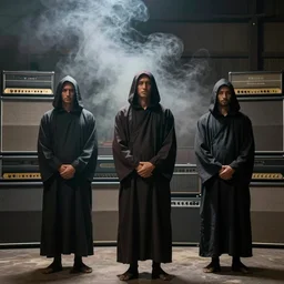 monks in hooded robes stand in front of a wall of vintage amplifiers, smoke fills the space