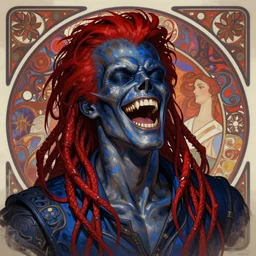 The Terminator laughing maniacally , sharp focus, intricate, elegant, digital painting, artstation, matte, highly detailed, concept art, illustration, volumetric lighting, red blue color scheme, art by artgerm, Alphonse mucha, and Greg Rutkowski