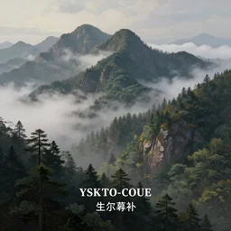 mist - clad mountains with forest, yukio - e painting