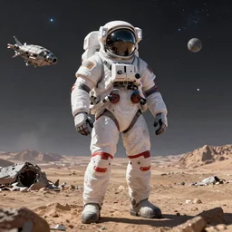 beautiful portrait of a mecha astronaut alone on a distant deserted planet with spaceship destroyed, corona render, trending on artstation, hyperrealistic, character photography