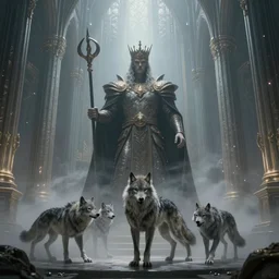 fantasy scene, king of the wolves inside the king's hall ethereal, ominous, misty, 8 k, by h. r. giger and greg rutkowski