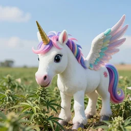 a colorful unicorn with wings eating in a field of marijuana, photography, 8 k, highly detailed, ultra realistic, path traced