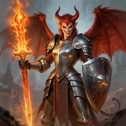disney's gargoyles!!!! female!! warrior! flaming sword ( devilish smile ) ( ( plate armor ) ) ( ( ( shield ) ) ), fantasy painting, concept art, 4 k