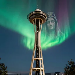 gigantic virgin mary face pressed into intense vivid aurora above space needle centered big sky film long exposure fuji wide angle national geographic