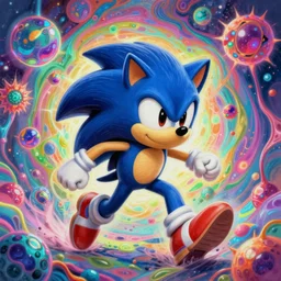 detailed painting of sonic!!! tripping out on acid, psychedelic!!! dmt style painting, digital art!!!, 4 k, artstation