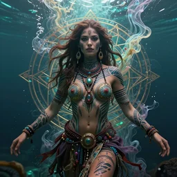 a centered render of a alluring festival hippie with tribal tattoos surrounded by a underwater ink pour and flowing liquid gallium and sacred geometry, perfect body, face, hands, powerful, cinematic, beautifully lit, by artgerm, by karol bak, by donato giancola, by boris vallejo, 3 d, trending on artstation, octane render, 8 k