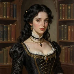 Phoebe Tonkin dressed in Victorian fashion with black hair, library background, D&D, fantasy, intricate, elegant, highly detailed, digital painting, artstation, concept art, matte, sharp focus, illustration, art by Artgerm and Greg Rutkowski and Alphonse Mucha