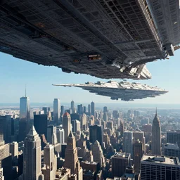 massive space ship over a sea of skyscrapers in the style of John Harris wide format