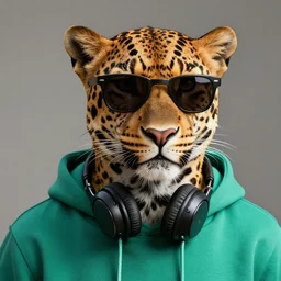 a photorealistic digital illustration of a leopard wearing black sunglasses, dressed in a teal green hoodie with headphones hanging around his neck. hyper detailed. this 4 k hd image is trending on artstation, featured on behance, well - rendered, extra crisp, features intricate detail, epic composition and the style of unreal engine.