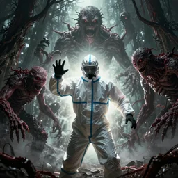 a man in a hazmat suit deals with monsters in the style of silent hill, octane