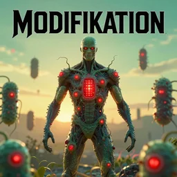 a dystopian superhero comic book called modifikation, about bacterium algae that eats people and creates large red diodes all over their bodies hdr, designed by comicraft and yasushi nirasawa, a greenish yellow sunset background, hyperrealistic, 8 k, bokeh, hdr, prism, octane render