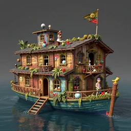 funky houseboat, digital image, detailed, intricate, fantasy, surrealism, zbrush, unreal engine, vibrant, detailed, by gediminas pranckevicus, rhads, anton fadeev, and tim doyle, unreal engine, trending on artstation, masterpiece