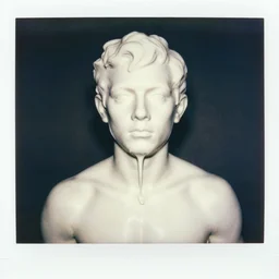 a liquid white clay porcelain portrait of a dude face melt down flow go runny, body painted with white thick fluid, realistic detailed watercolor polaroid, grainy image, contrast