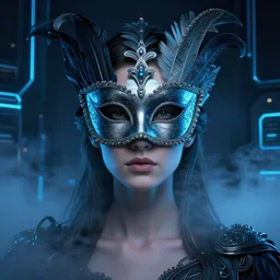 centered portrait of a beautiful white woman wearing a venetian mask, intricate concept art, ethereal, highly detailed, artstation, smooth, sharp focus, mist, volumetric lighting, darksynth, illuminated blue neon lines, outrun, vaporware, octane render, 8 k, by ruan jia and ilya kuvshinov and alphonse mucha